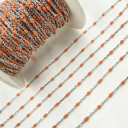 Sterling White Silver Enamel Orange Color Cable Chain