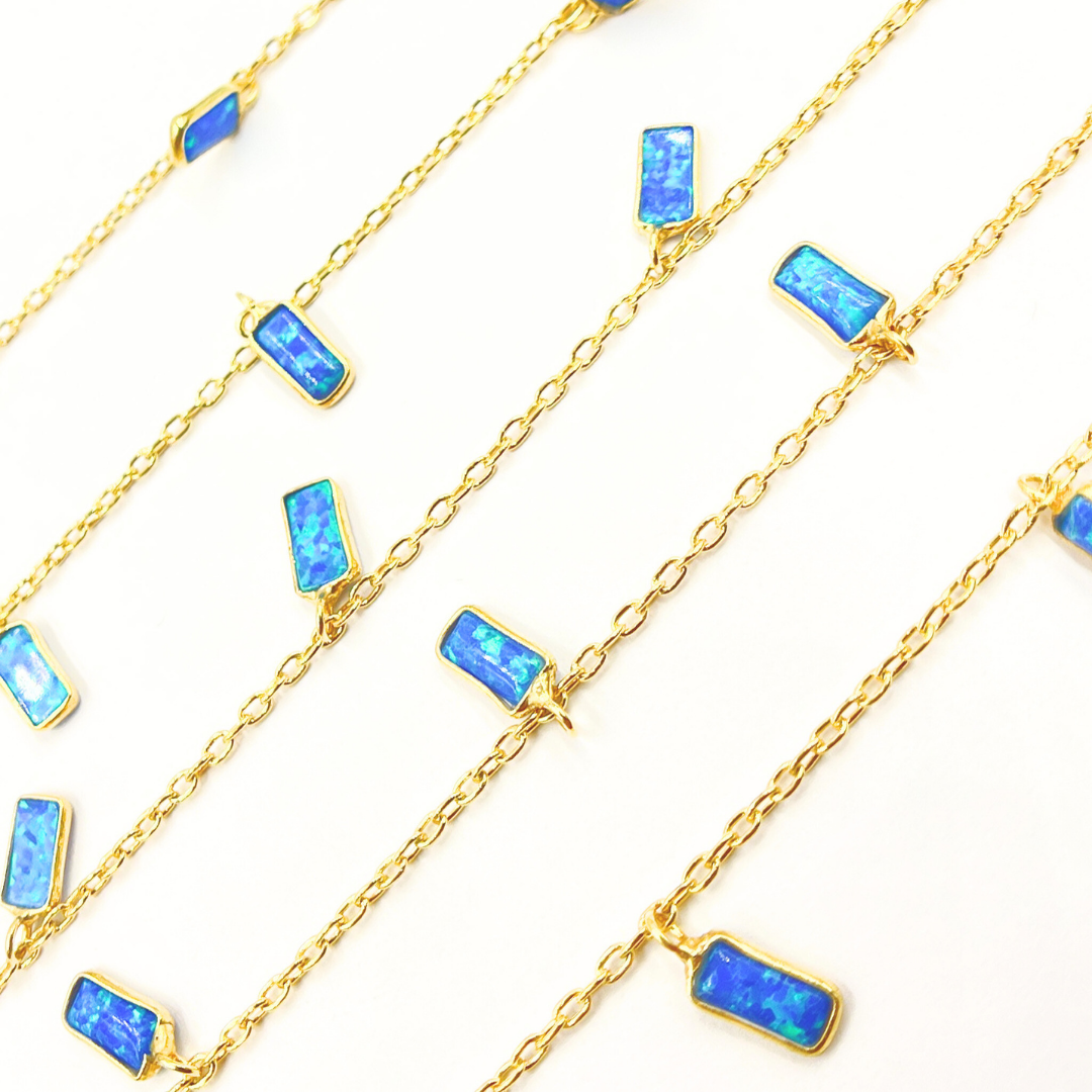 Created Blue Opal Rectangular Shape Dangle Chain.