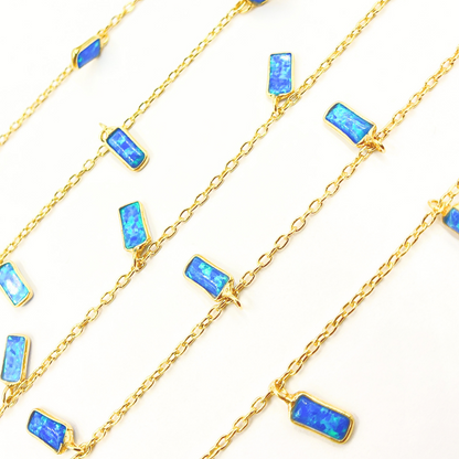 Created Blue Opal Rectangular Shape Dangle Chain.