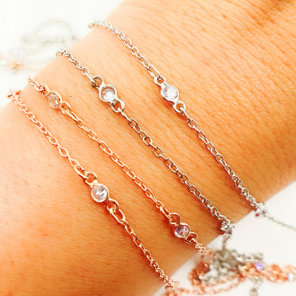 Cubic Zirconia Round 3mm Shape Connector With Chain Between