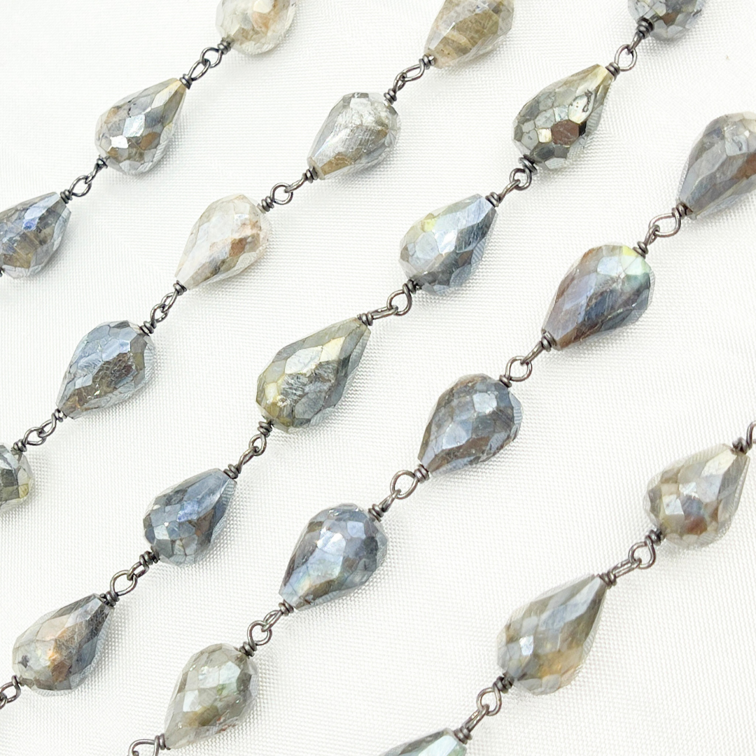Coated Labradorite Pear Shape Oxidized Wire Chain