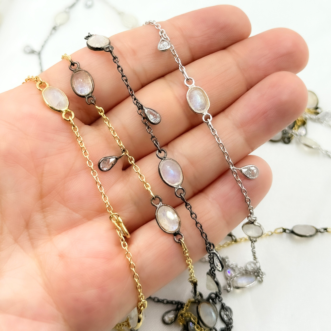 White Moonstone Bezel Set Oval & Pear Shape CZ Dangle Wire Chain. WMS2