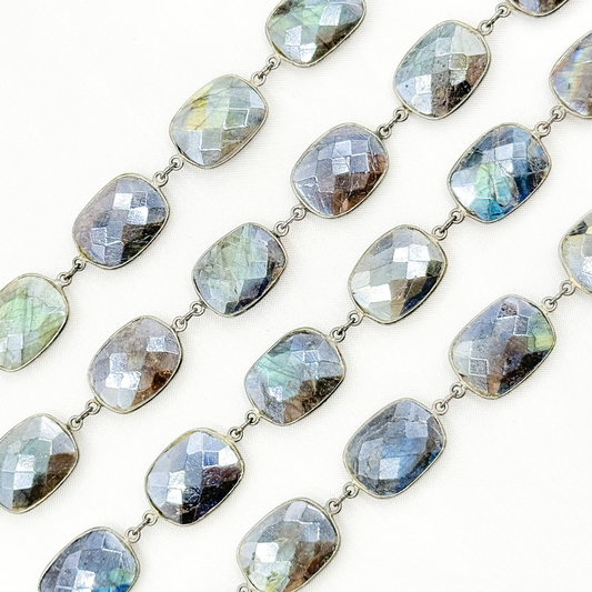 Coated Labradorite Rectangle Shape Bezel Oxidized Wire Chain
