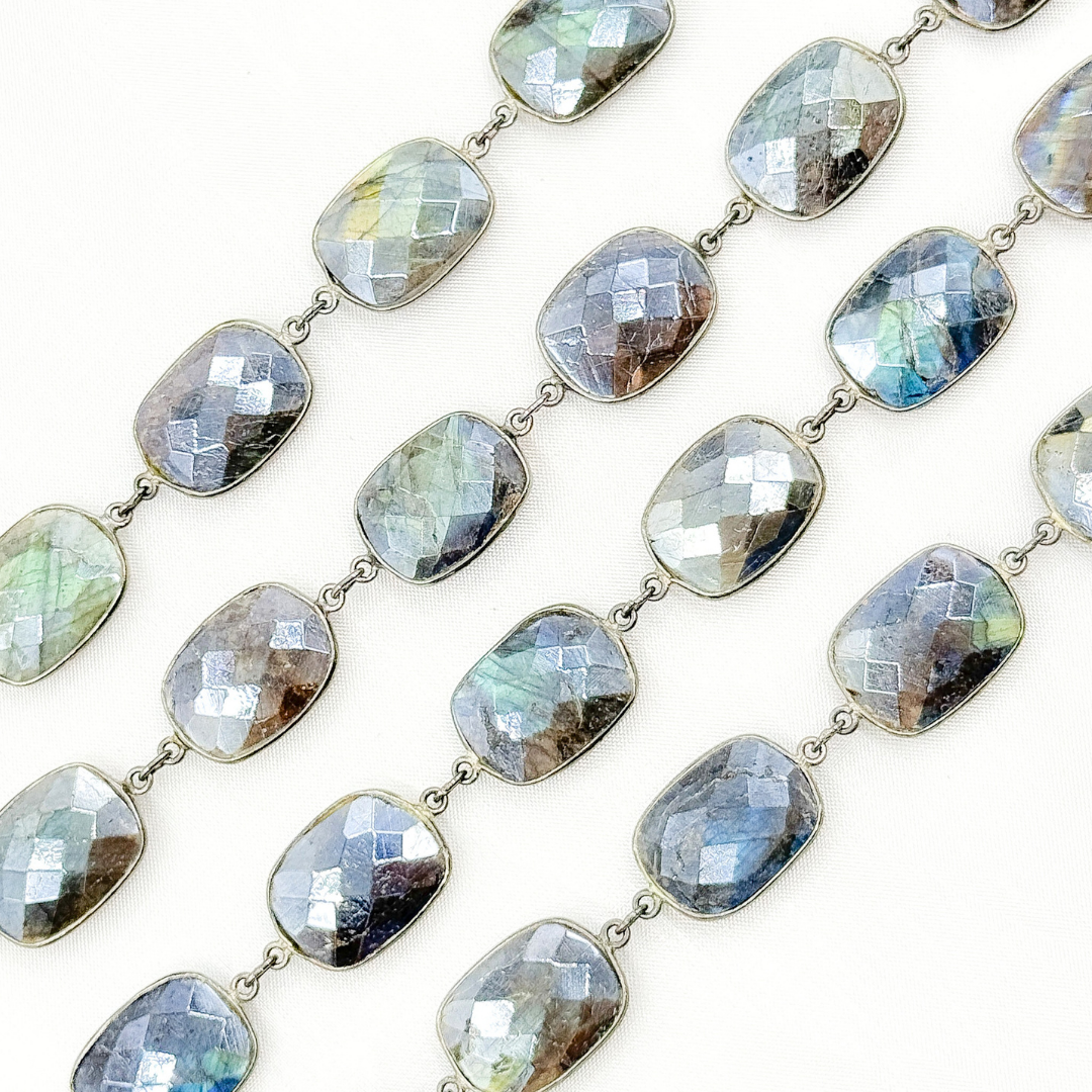 Coated Labradorite Rectangle Shape Bezel Oxidized Wire Chain. CLB13