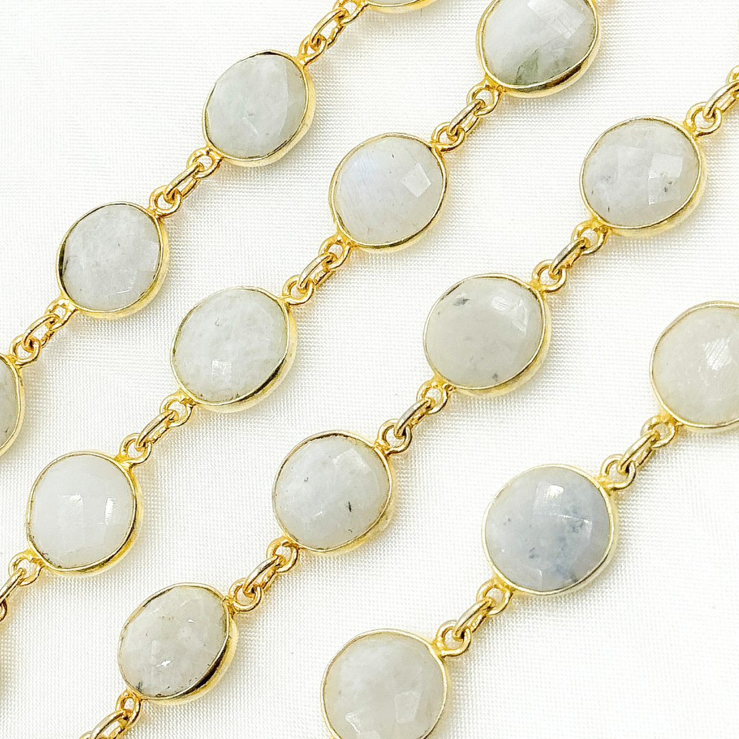 White Moonstone  Round Shape Bezel Gold Plated Wire Chain.