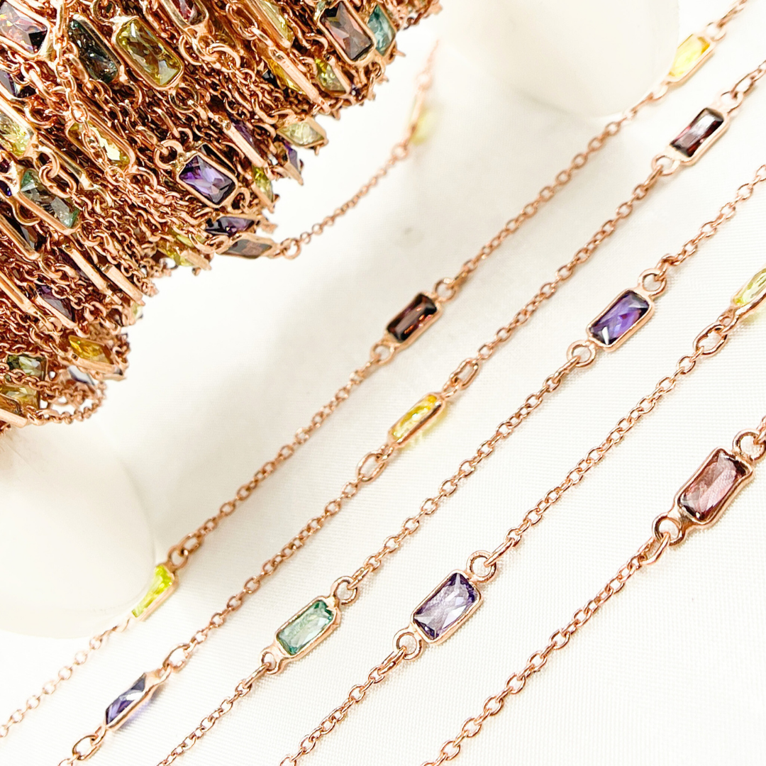 Multi Color Cubic Zirconia Rectangular Shape Connected Chain