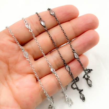 Silver Pear Shape Cubic Zirconia Connector With Chain