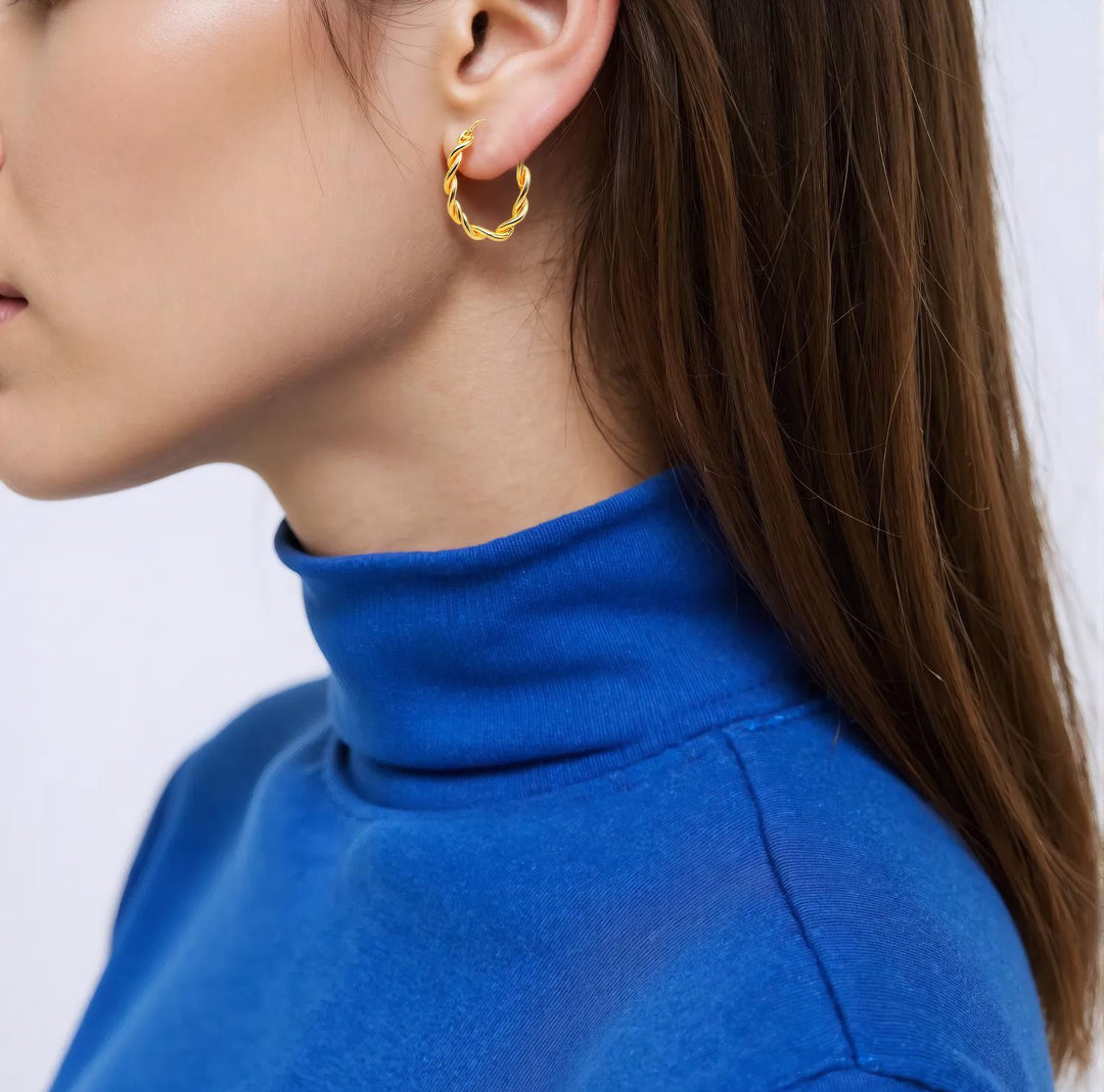 15850003133. 14K Solid Gold Twist Double Round Hollow Hoop Earrings