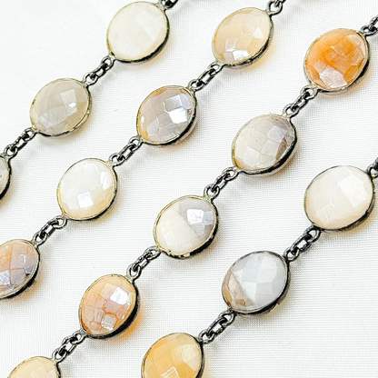 Coated White Moonstone Round Shape Bezel Oxidized Wire Chain.