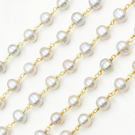 Grey Pearl Round Gold Plated Wire Chain