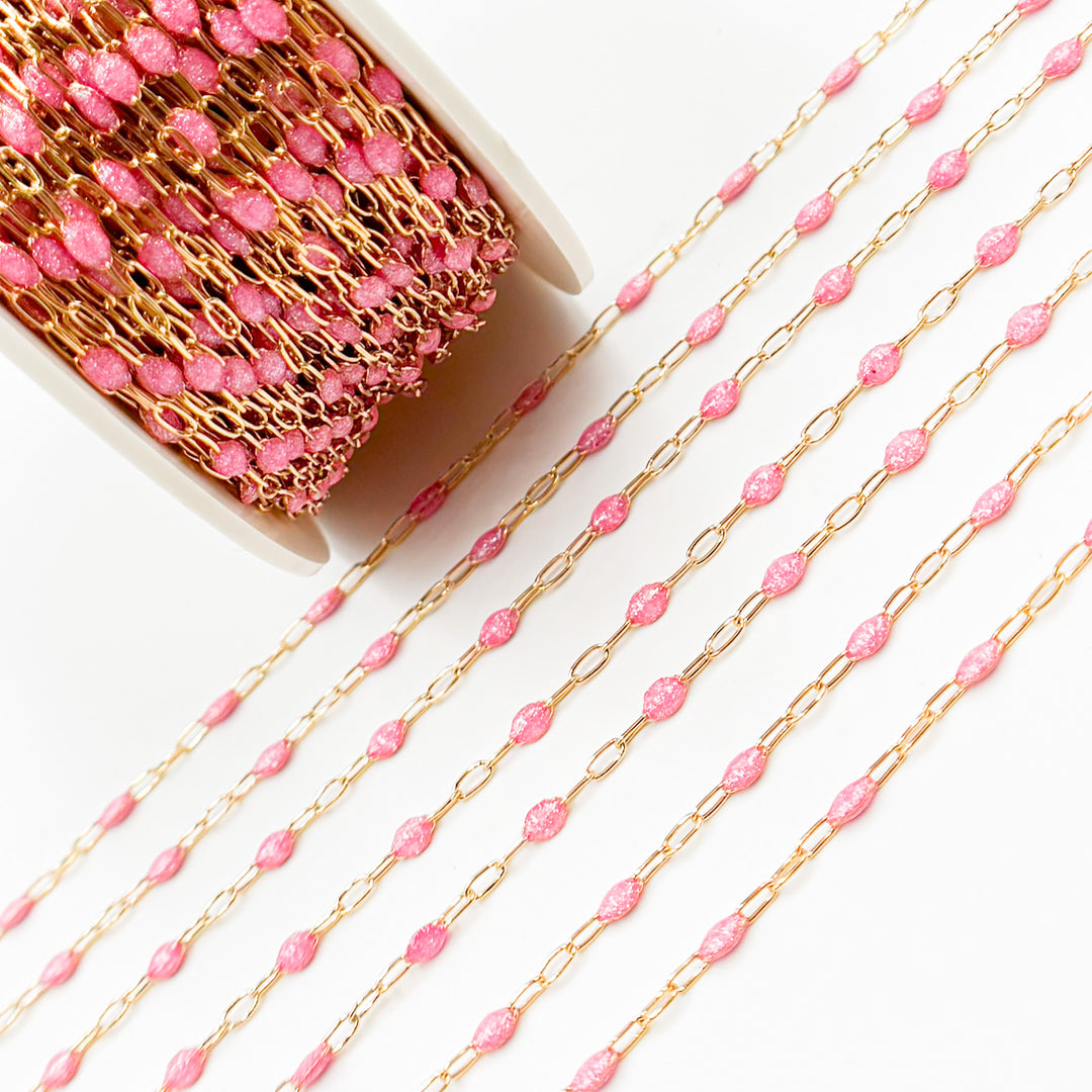 Gold Filled Pink Color Opal Enamel Cable Chain