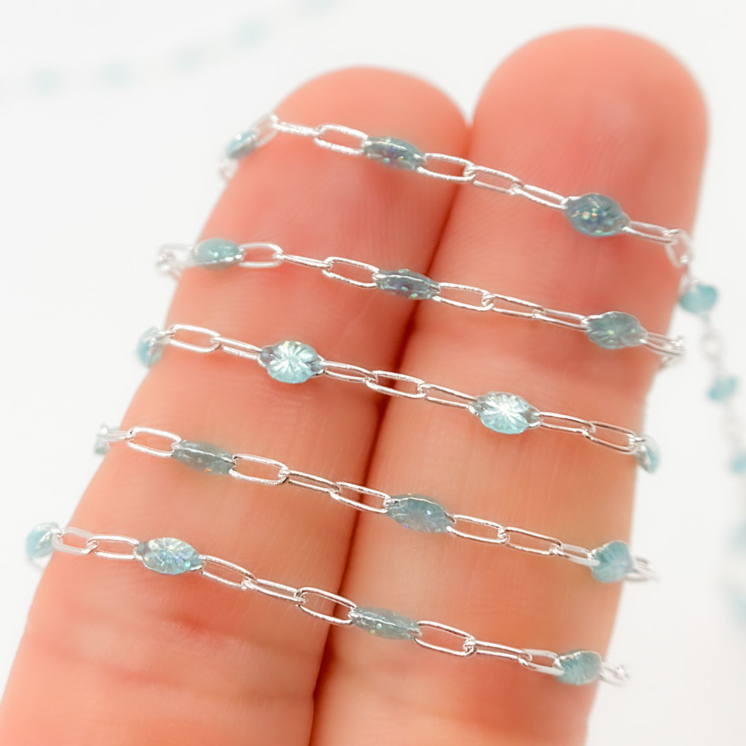 Sterling Silver Sky Blue Opal Color Enamel Cable Chain