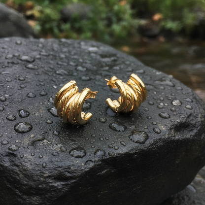 15850018845. 14K Solid Gold Smooth and Textured Ribbed Hollow Stud Earrings