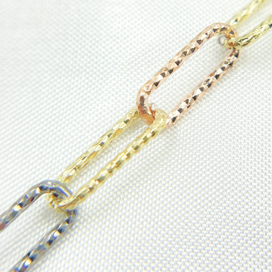 925 Sterling Silver Tri-color Diamond Cut Paperclip Chain