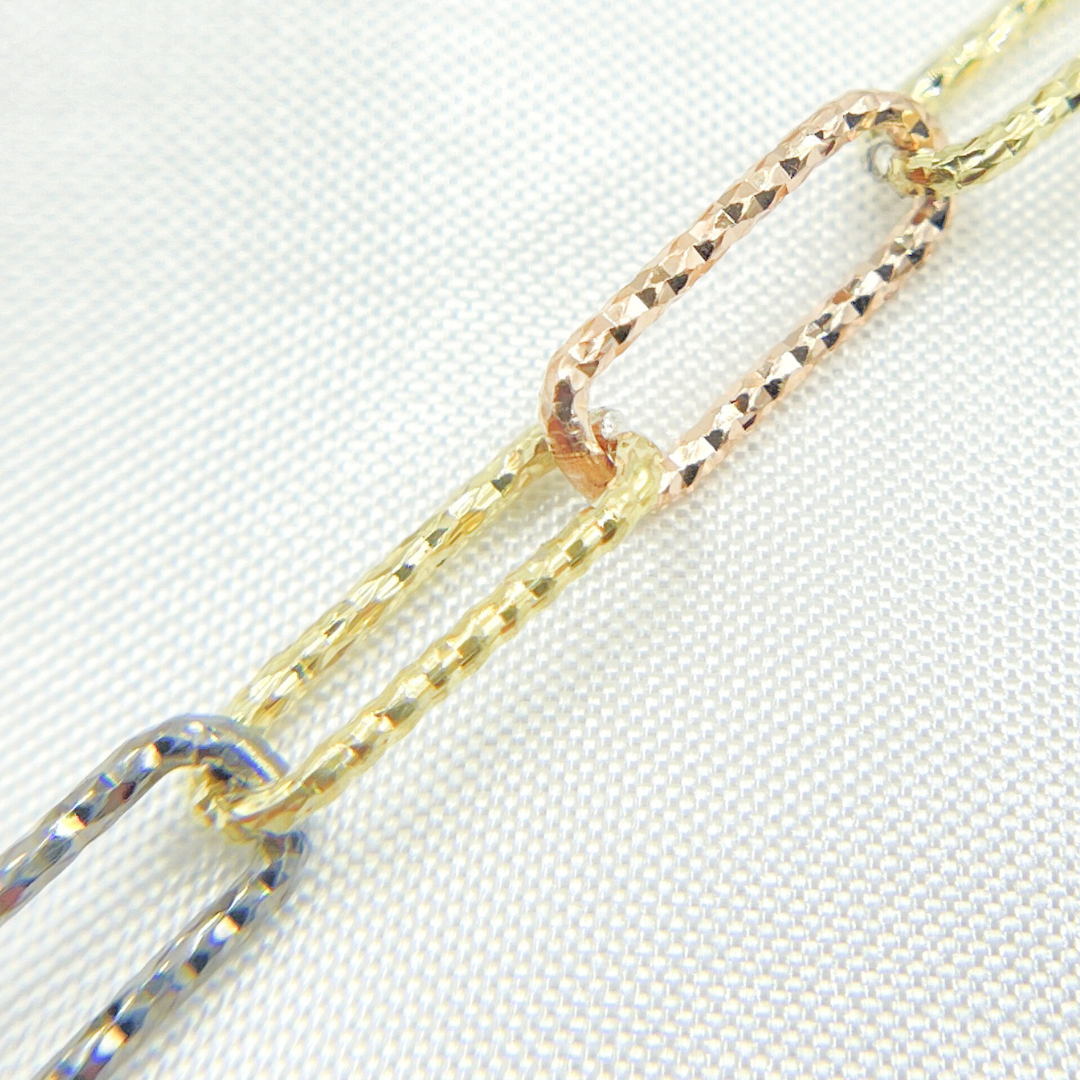 925 Sterling Silver Tri-color Diamond Cut Paperclip Chain. V8GBR