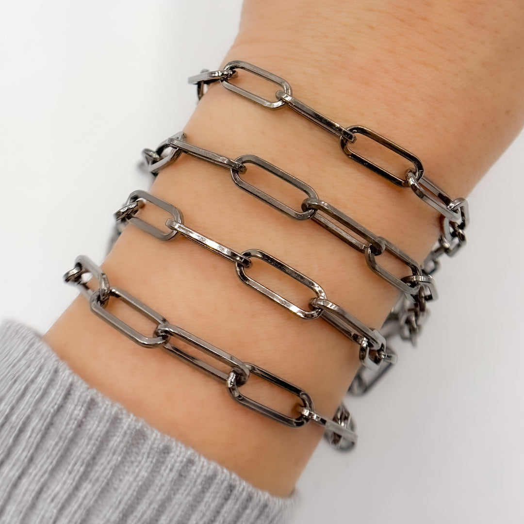 V13BR. Sterling Silver Black Rhodium Shinny Flat  Paperclip Chain
