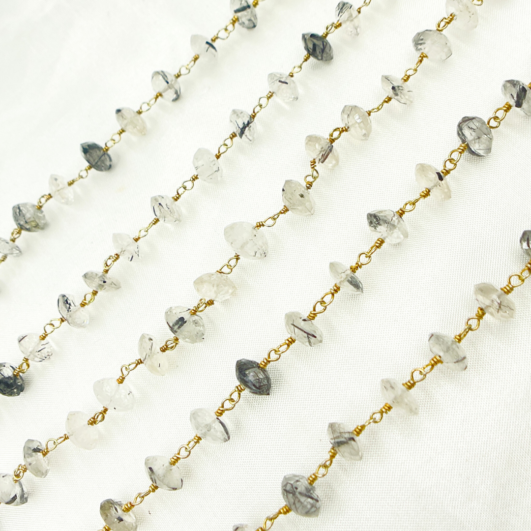Black Rutile Roundel Shape Faceted Gold Plated Wire Chain