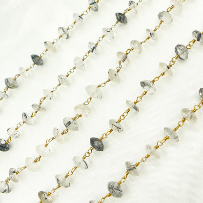 Black Rutile Roundel Shape Faceted Gold Plated Wire Chain