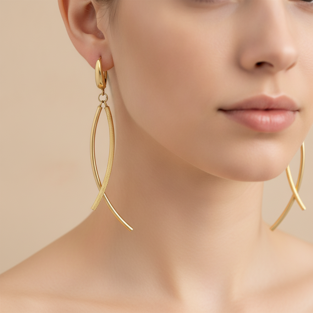 15850018486. 14K Solid Gold Smooth and Textured Tube Hollow Dangle Leverback Earrings