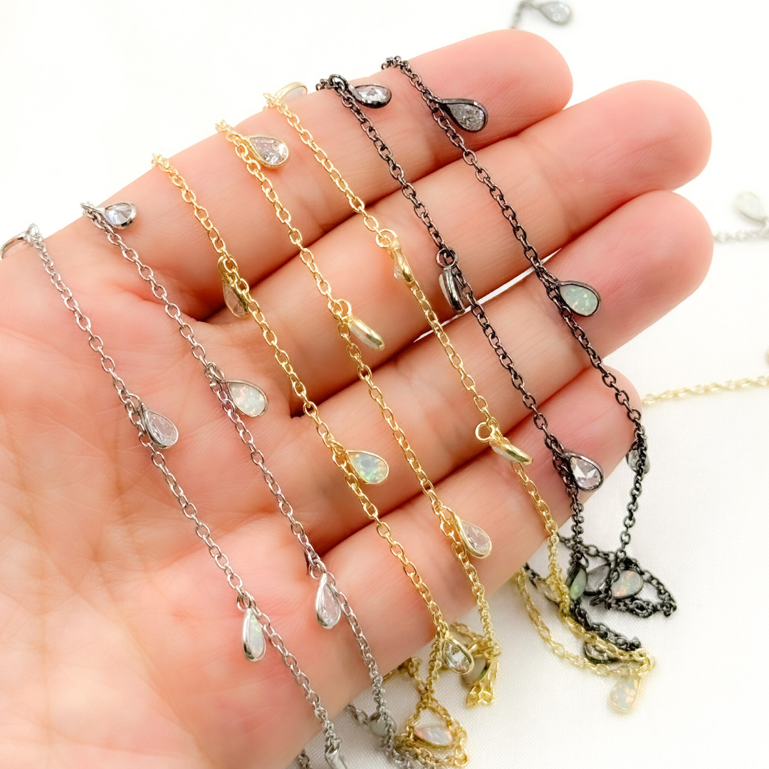 Created White Opal + CZ Pear Shape Dangle Chain