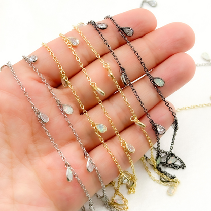 Created White Opal + CZ Pear Shape Dangle Chain