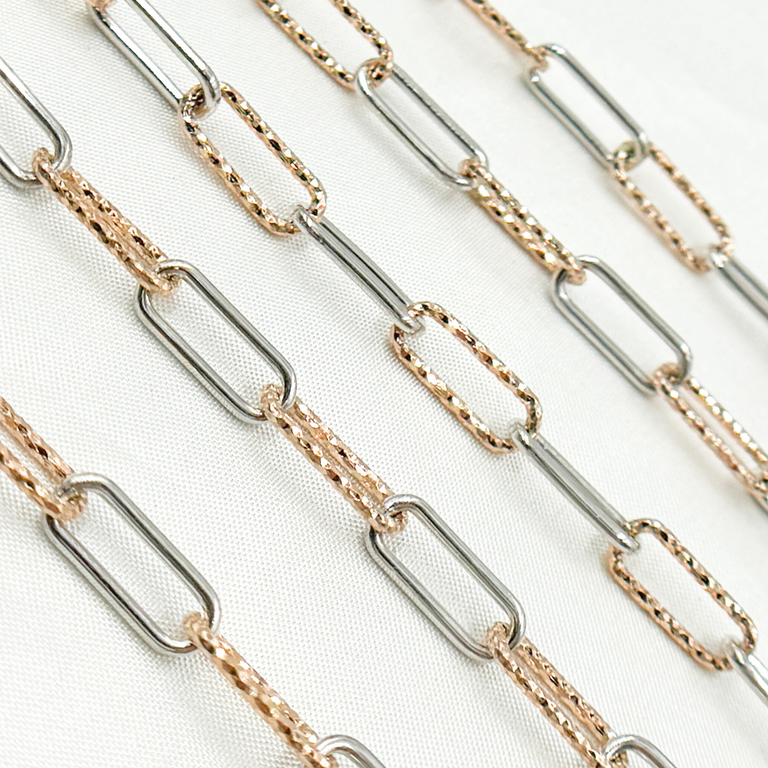 V31RGS. Rose Gold Plated & Sterling Silver Smooth & Diamond Cut Paperclip Chain