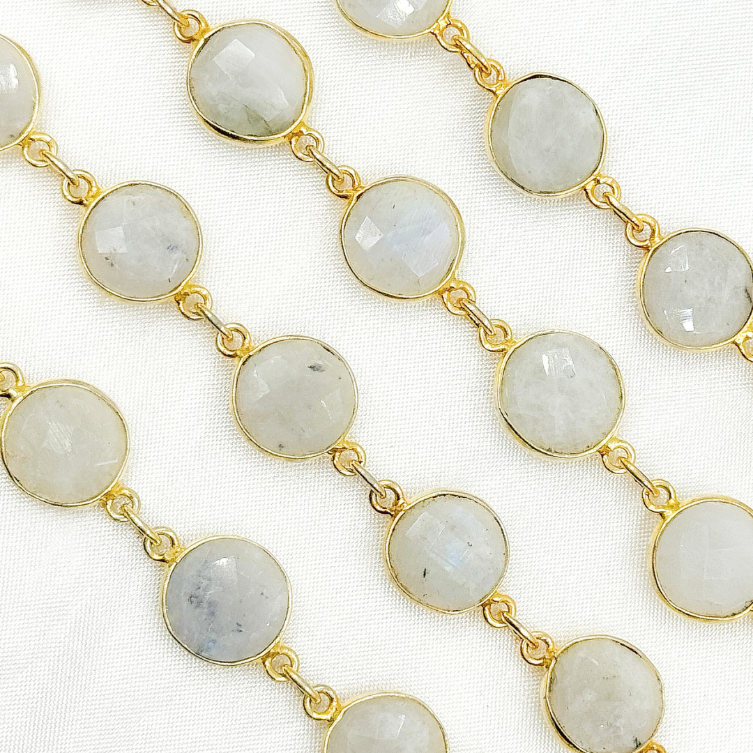 White Moonstone  Round Shape Bezel Gold Plated Wire Chain.