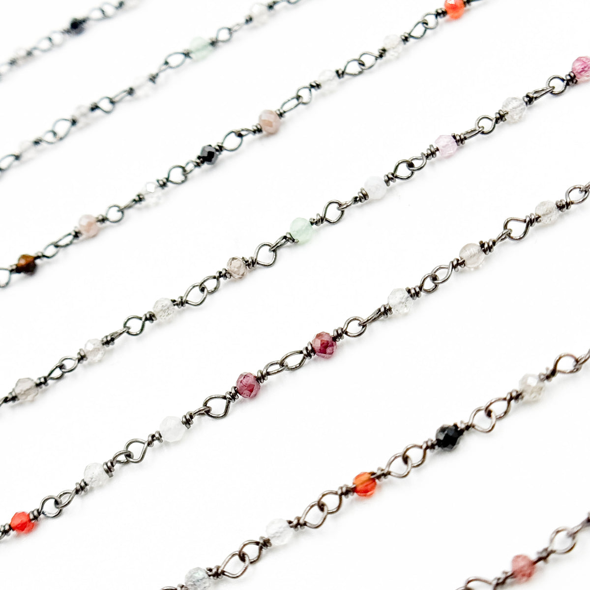 MGS26. Multi Gem Stone Faceted Roundel Wire Wrapped Chain