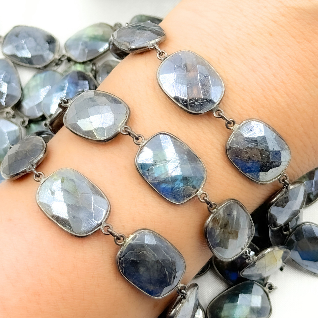 Coated Labradorite Rectangle Shape Bezel Oxidized Wire Chain