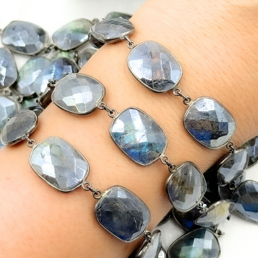 Coated Labradorite Rectangle Shape Bezel Oxidized Wire Chain