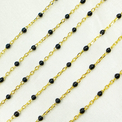 Gold Plated  Sterling Silver Enamel Black Color Cable Chain