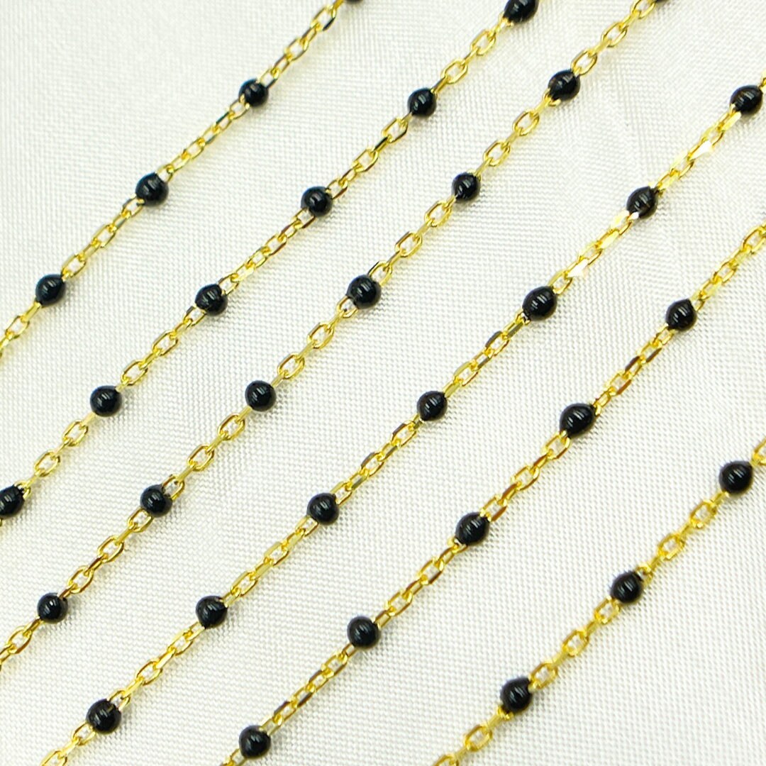 Gold Plated Sterling Silver Cable Chain with  Black Color Enamel. V203BKGP
