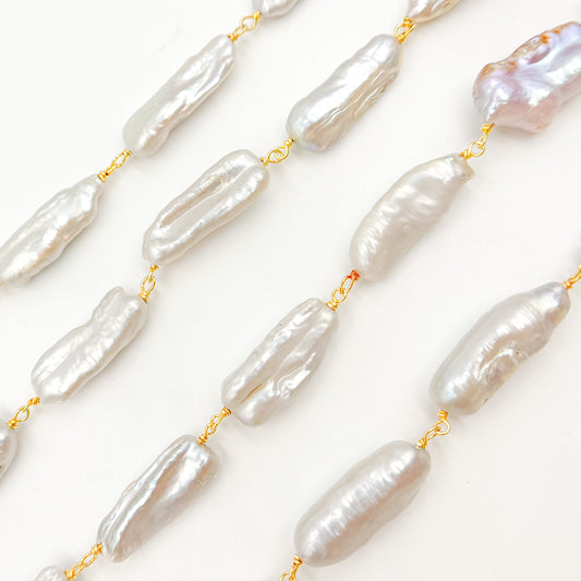 Gold Plated Wire Biwa Freshwater Grey Pearl Chain