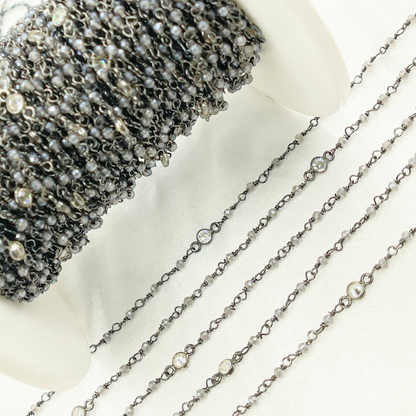 Coated Gray Moonstone & Round CZ Wire Wrap Chain made with Black Rhodium 925 Sterling Silver.