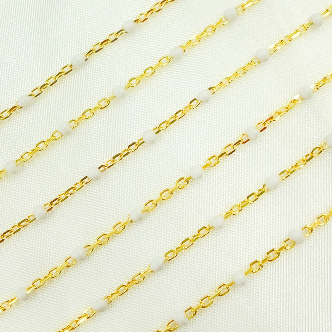 Gold Plated Sterling Silver Cable Chain with White Color Enamel. V203WTGP