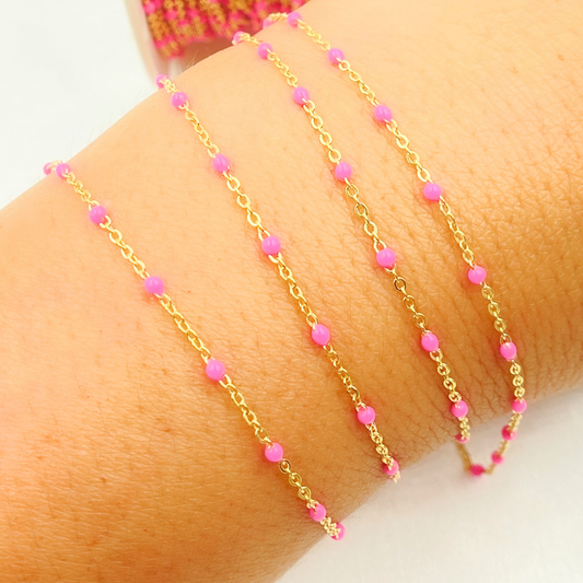 14k Solid Gold Cable Pink Enamel Chain