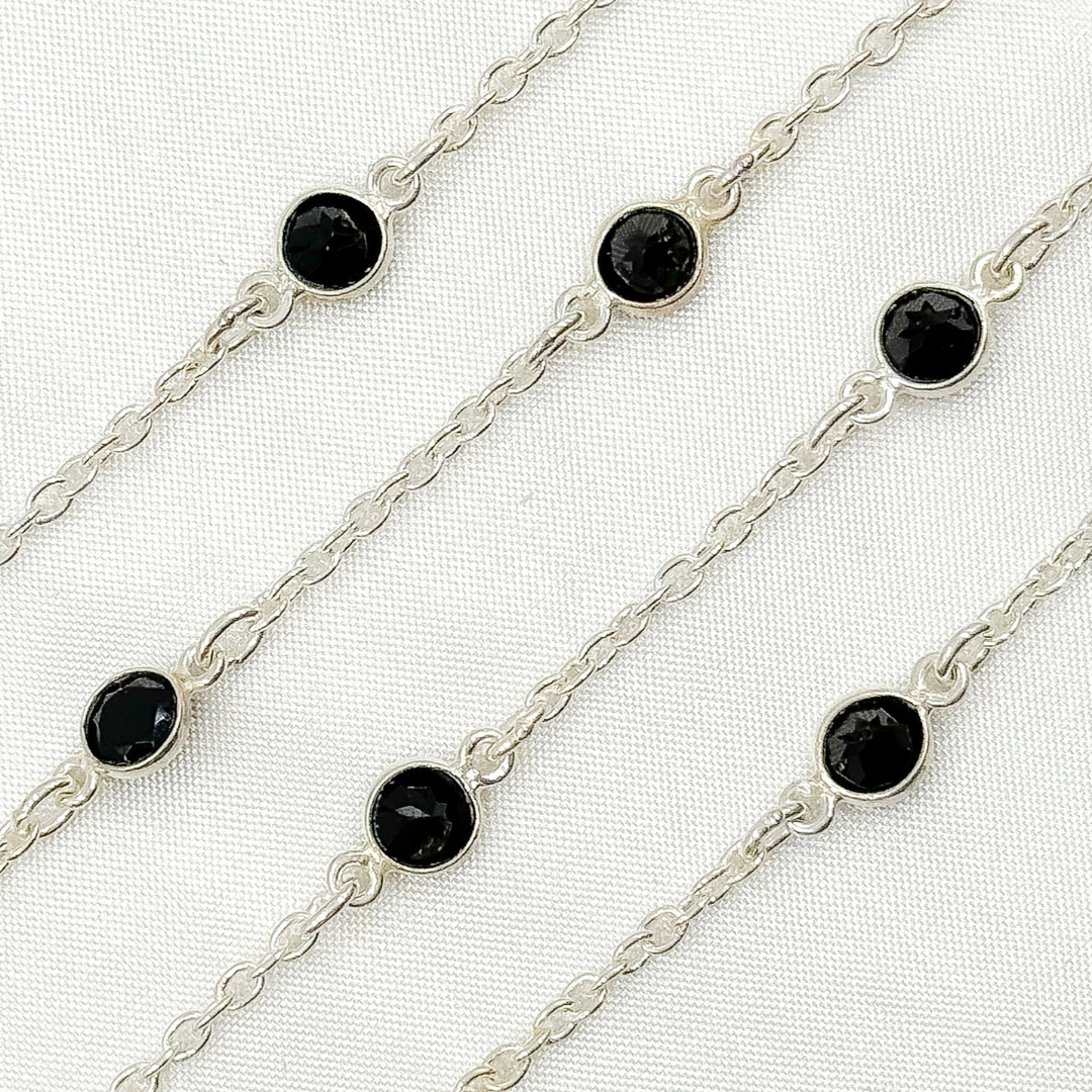 Black Spinel Round Shape Bezel 925 Sterling Silver Connected Wire Chain