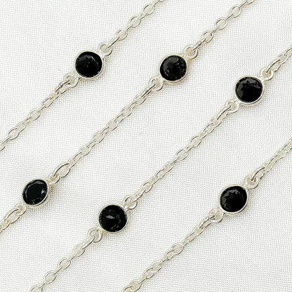 Black Spinel Round Shape Bezel 925 Sterling Silver Connected Wire Chain