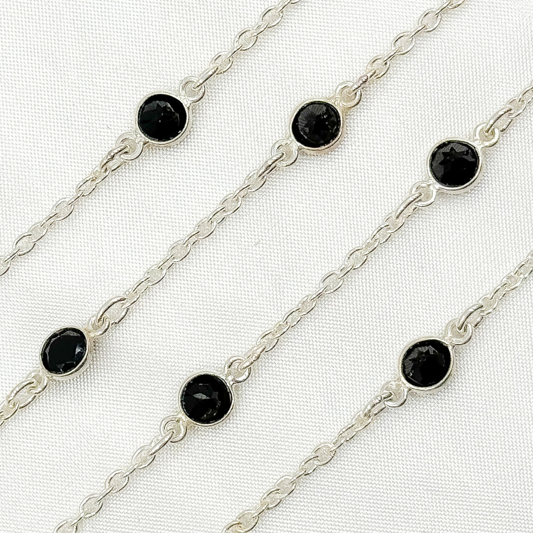 Black Spinel Round Shape Bezel 925 Sterling Silver Connected Wire Chain. BSP13