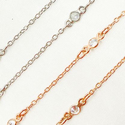 Cubic Zirconia Round 3mm Shape Connector With Chain Between