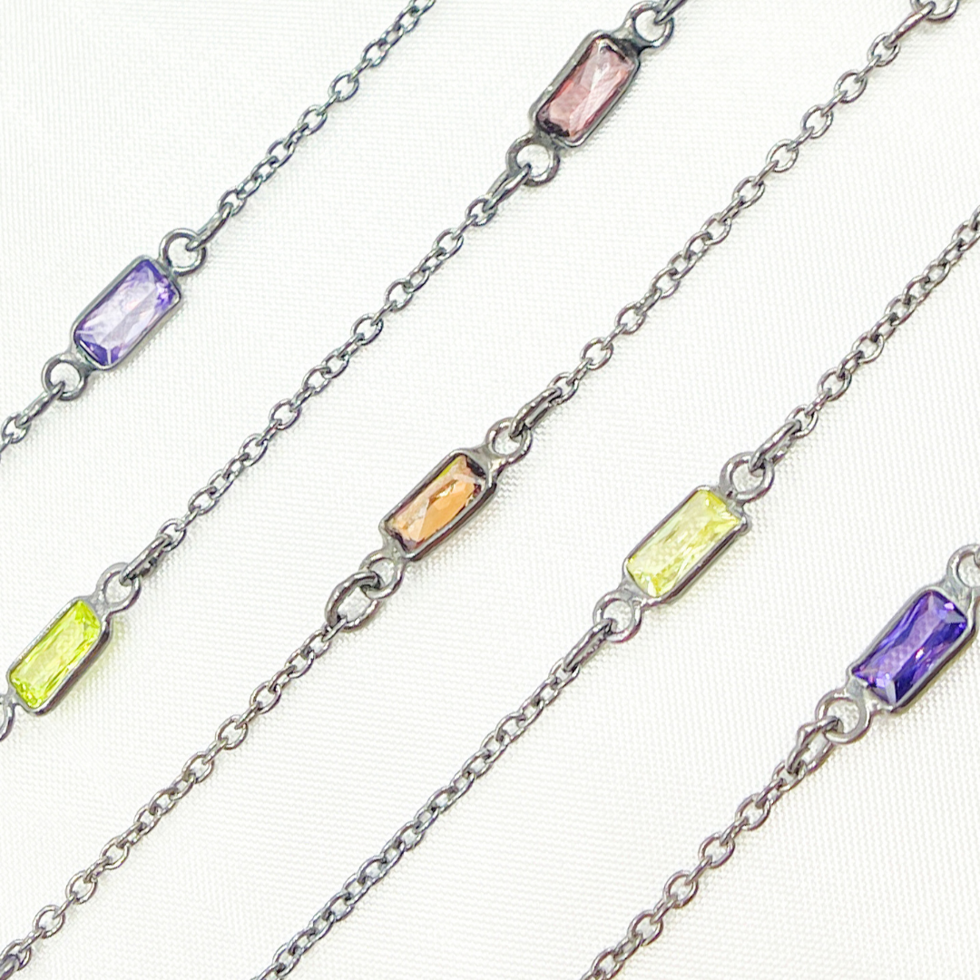 Multi Color Cubic Zirconia Rectangular Shape Connected Chain