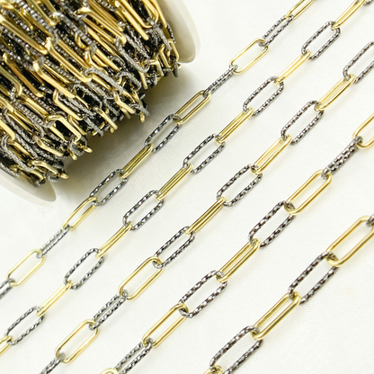 Gold Plated & Black Rhodium 925 Sterling Silver Smooth & Diamond Cut Paperclip Chain