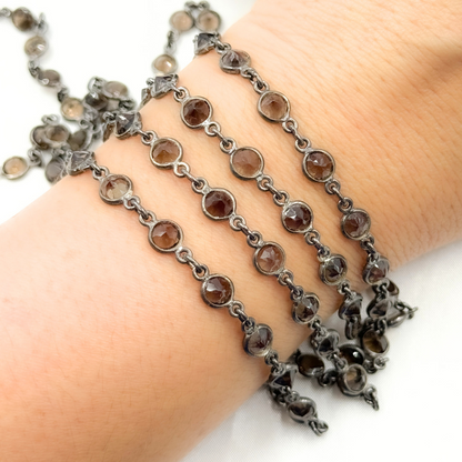 Smoky Quartz Round Shape Bezel Oxidized Wire Chain