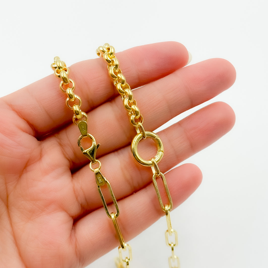 14K Solid Gold Hollow Paperclip and Rolo Fancy Necklace