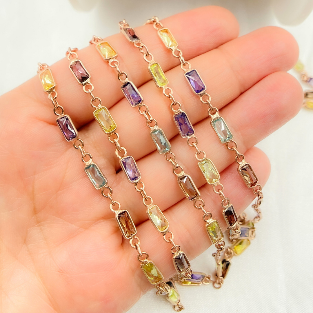 Multi Color Cubic Zirconia Rectangular Shape Connected Chain