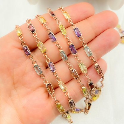 Multi Color Cubic Zirconia Rectangular Shape Connected Chain