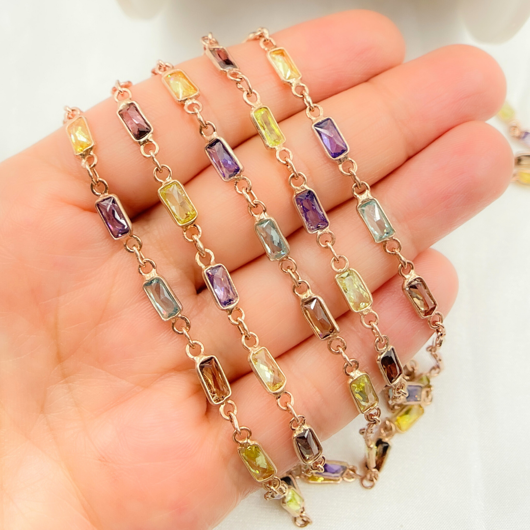 Multi Color Cubic Zirconia Rectangular Shape Connected Chain. CZ45