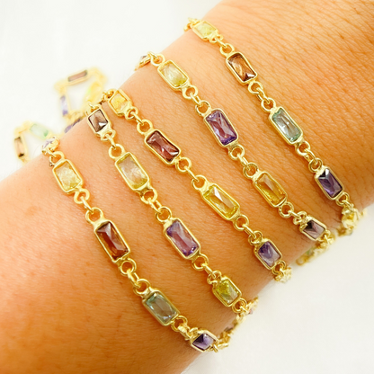 Multi Color Cubic Zirconia Rectangular Shape Connected Chain