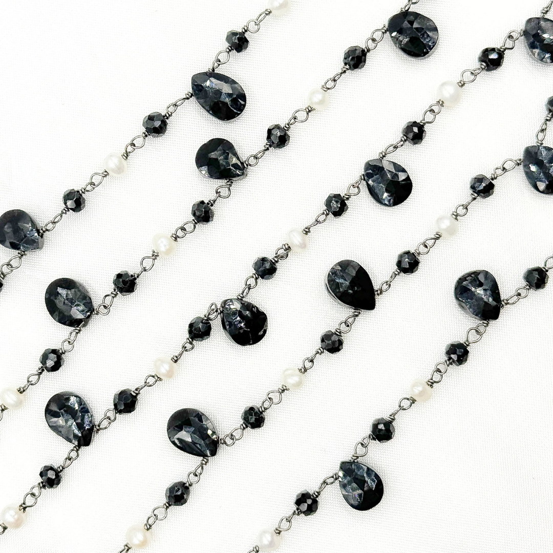 Black Spinel & Pearl Oxidized Wire Chain. PRL13