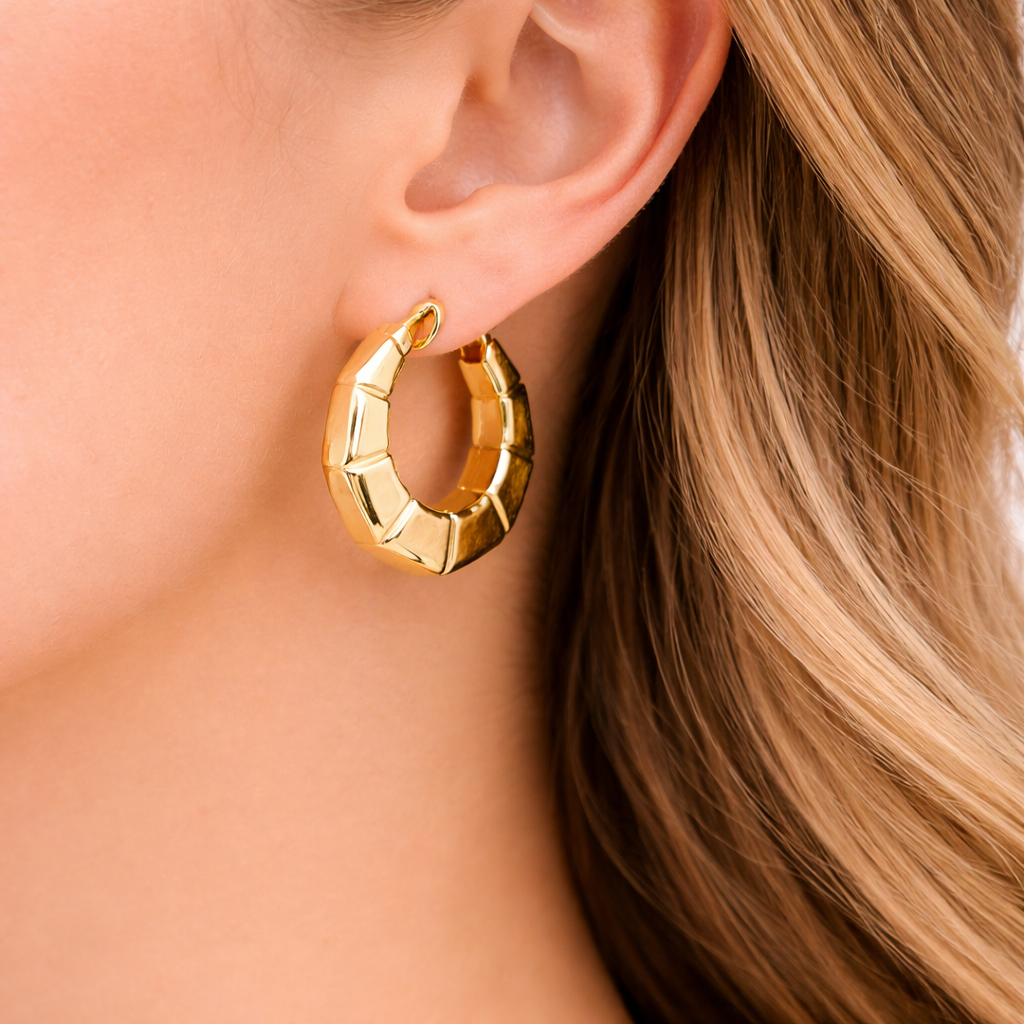 GER135. 14K Gold Hexagon Hollow Hoop Earrings